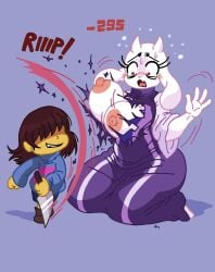 1boy 1girls areolae big_breasts blush breasts chubby clothing clothing_damage curvy embarrassed frisk knife large_breasts mature mature_female milf mommy nipples scared scary_face smile smiley_face toriel undertale