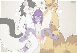 anal anal_sex anthro balls claws clenched_teeth double_anal double_penetration female genitals graedius_(artist) graedius_(character) green_eyes group hair lizard male male/female mammal markings painal penetration procyonid purple_body purple_hair pussy raccoon reptile rodent scale_markings scales scalie sciurid scutes short_stack size_difference stars_around_head teeth tree_squirrel trio uncomfortable vulva yao_huoban zullie_(graedius)