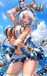 1girls :d alternate_breast_size bare_shoulders blue_hairband body_markings braid breasts commentary crop_top enma_(enmanuelart) enmanuelart20 female fingerless_gloves genshin_impact gloves grey_hair hairband highres holding_instrument holding_maracas large_breasts long_hair looking_at_viewer low_twin_braids maracas mualani_(genshin_impact) navel ocean open_mouth outdoors patreon_username red_eyes smile solo symbol-shaped_pupils twin_braids