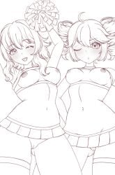 breasts breasts_out cheerleader cheerleader_outfit cheerleader_uniform gumi kasane_teto looking_at_viewer megpoid_gumi midriff miniskirt tagme thighhighs wink