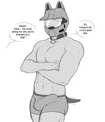 1boy boner boner_in_pants bulge bulge_through_clothing bulge_under_clothes dog_ears dog_humanoid dog_tail erection erection_under_clothes erection_under_clothing gay gay_male halo halo_(series) master_chief no_shirt old_art pinup shirtless submissive submissive_male wetwasabi