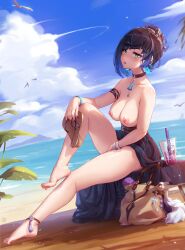 bare_arms bare_legs bare_shoulders bare_thighs barefoot beach big_breasts blue_hair blush bracelet breasts choker collarbone dress dress_pull earrings feet genshin_impact green_eyes mitsu_art nipples ocean outdoors parted_lips shiny_skin short_hair sitting thighs toes topless unworn_sandals water yelan_(genshin_impact)