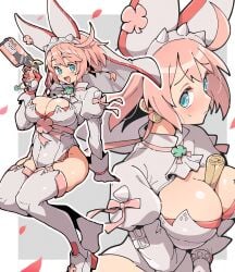 1girls ahoge animal_ears blue_eyes bob_cut breasts cleavage clover elphelt_valentine fake_animal_ears female four-leaf_clover garter_straps gloves guilty_gear guilty_gear_xrd gun hairband handgun highres itsuka_neru jewelry juliet_sleeves large_breasts leotard long_sleeves multiple_views open_mouth pink_hair puffy_sleeves short_hair spiked_hairband spikes thighhighs veil waist_ribbon weapon white_leotard white_veil