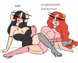 big_breasts blush breasts female females_only getting_ready jannie_april on_bed talking_to_partner text yuri