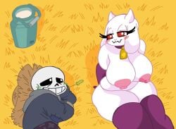 1boy 1girls big_breasts blush bone breasts chubby clothing cow_girl curvy farm farm_sans farmtale female goat male milk milking nude nude_female sans skeleton smile toriel