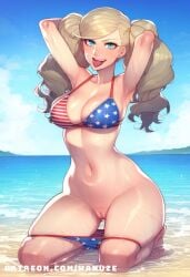 ai_generated american_flag american_flag_bikini ann_takamaki arms_behind_head beach big_ass big_breasts big_butt big_thighs blonde_hair blue_eyes blush huge_ass huge_butt huge_thighs kneeling medium_breasts panty_pull persona persona_5 pussy takamaki_anne tongue_out twintails wanuze wide_hips