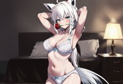 1girls ahoge ai_assisted ai_generated animal_ear_fluff animal_ears aqua_eyes armpits arms_up bed blush bra braid breasts cleavage closed_mouth drawer female flower flower_in_mouth fox_ears fox_girl fox_tail hair_between_eyes hololive hololive_english hololive_japan indoors lamp long_hair looking_at_viewer low_ponytail medium_breasts mouth_hold navel nay_juno panties pillow ponytail red_flower rose sexy sexy_pose shirakami_fubuki side_braid solo stomach tail underwear underwear_only virtual_youtuber white_bra white_hair white_panties