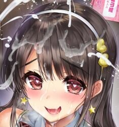 aroused black_hair blush commentary_request cropped cum cum_on_body cum_on_hair earrings facial female hairband heart heart-shaped_pupils hisasi jewelry long_hair looking_at_viewer lowres open_mouth original portrait red_eyes smile solo star_(symbol) star_earrings swept_bangs symbol-shaped_pupils white_hairband