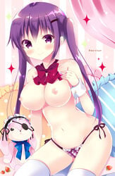 artist_name bitter_crown blush breasts eyepatch female food fruit gochuumon_wa_usagi_desu_ka? hair_ornament hairclip long_hair looking_at_viewer medium_breasts navel nipples panties plaid plaid_panties purple_eyes purple_hair purple_panties side-tie_panties smile solo sparkle strawberry stuffed_animal stuffed_bunny stuffed_toy tedeza_rize thighhighs tied_hair topless twintails underwear white_legwear