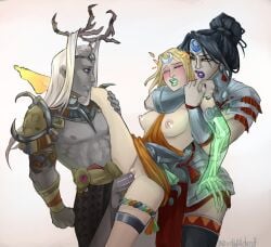 2girls1boy armor bisexual black_hair blindwildcat blonde_female blonde_hair choke_hold choking grey_skin hades_(game) hades_2 hair_up headdress light-skinned_female long_hair long_hair_female long_hair_male melinoe_(hades) moros muscular muscular_female muscular_male nemesis_(hades) pale-skinned_female partially_clothed penetration penis_in_pussy size_difference small_breasts threesome