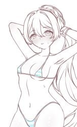 bikini hatsune_miku hatsune_miku_(collared_bikini) looking_at_viewer sweat tying_hair