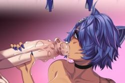 1boy 1girls :>= absurdres ahe_gao animal_ears big_breasts blue_eyes blue_hair blush breasts cleavage fellatio female hair_ornament hair_over_one_eye hairclip highres indie_virtual_youtuber light-skinned_male looking_pleasured looking_up male naked_female navel oral penis prostitution punk raccoon_ears raccoon_girl raccoon_tail shiny shiny_hair shiny_skin short_hair smoking snuffy standing stevechopz straight tagme tail tattoo virtual_youtuber voluptuous_female