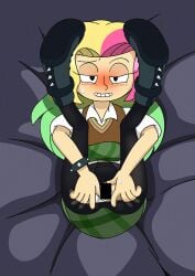amphibia bed black_eyes blonde_hair blush boots censored clothing_aside collared_shirt ctfbm female green_hair green_skirt half-closed_eyes legs_up long_hair looking_at_viewer molly_jo multicolored_hair panties panties_aside pantyhose pink_hair shirt skirt smile solo sweat sweater_vest teeth torn_clothes torn_pantyhose underwear