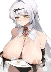 1girl absurdres areola_slip between_breasts black_gloves black_leotard blush breast_rest breasts breasts_out closed_mouth elbow_gloves female fingerless_gloves gloves hair_between_eyes hair_ornament highres huge_breasts inverted_nipples large_areolae leotard long_hair mutsuru_(omotta_yori) nipples orange_eyes simple_background solo steam strap_between_breasts sweat upper_body very_long_hair white_background white_hair yixuan_(zenless_zone_zero) zenless_zone_zero