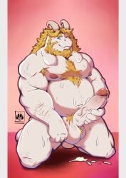 anthro asgore_dreemurr balls bara beard big_penis boner dad_bod daknar deltarune erection facial_hair furry goat horns male male_only muscles muscular nude on_knees penis solo solo_male sweat sweating undertale