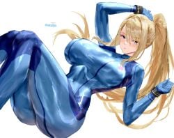 blonde_hair blue_bodysuit blue_eyes blush bodysuit breasts commentary female highres igiroitsu impossible_bodysuit impossible_clothes large_breasts long_hair looking_at_viewer metroid mole mole_under_mouth nintendo ponytail samus_aran simple_background skin_tight solo zero_suit