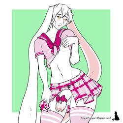 animal_humanoid blush clothed clothing crossdressing flaccid girly humanoid humanoid_penis lagomorph male mammal natysanime penis penis_bow penis_ribbon precum rabbit_humanoid ribbons solo testicles thick_penis wide_hips