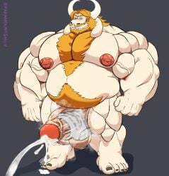 anthro asgore_dreemurr balls bara beard big_balls big_penis boner cum deltarune disembodied_hand erection facial_hair furry goat handjob horns male male_only musclegut muscles muscular nude orgasm overweight paramountgallu penis undertale