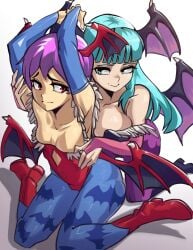 2girls absurdres animal_print armpits bat_print black_leotard blue_pantyhose breasts bridal_gauntlets collarbone darkstalkers demon_girl demon_wings diamond_cutout green_eyes green_hair head_wings highres large_breasts leotard lilith_(darkstalkers) morrigan_aensland moxydraws multiple_girls pantyhose purple_hair purple_pantyhose red_eyes red_leotard short_hair smile strapless strapless_leotard white_background wings yuri