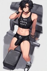 ai_art ai_generated big_penis bleached bleached_clothing boy bwc cropped_tank_top gym gym_shorts slender_body slim_male teenager twink