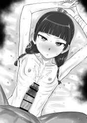 1boy absurdres armpits arms_up bandaged_wrist bandages bar_censor bed_sheet blunt_bangs blush censored commentary_request cum cum_on_body cum_on_chest erection female flat_chest freckles greyscale highres kaiman_garupan kusuriya_no_hitorigoto looking_at_viewer lying male maomao_(kusuriya_no_hitorigoto) medium_hair monochrome nipples nude on_back parted_lips penis pov pov_crotch ribs skinny solo_focus straight sweat v-shaped_eyebrows
