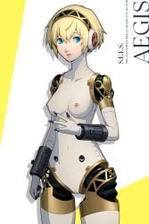 accurate_art_style aigis_(persona) android atlus blonde_hair blue_eyes breasts clothing edit edited edited_official_artwork english_text female hairband headwear joints looking_at_viewer medium_breasts megami_tensei navel nipples nude nude_filter persona persona_3 persona_3_reload portrait robot robot_girl robot_joints ryusentzumi self_upload short_hair smile solo sprite_edit vagina