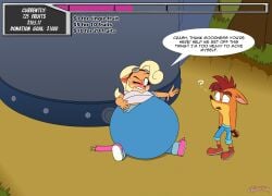 activision anthro bandicoot belly big_belly blush coco_bandicoot confusion counter crash_(series) crash_bandicoot donation_drive duo english_text female forest hi_res huge_belly inflation jungle jungle_background liquid_inflation machine male mammal marsupial ohdeeriemay plant question_mark sitting sitting_on_ground speech_bubble text tree