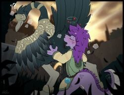 anal animal_genitalia anthro armor avian bird black_body black_feathers black_tongue claws cloaca cloacal cloacalingus closed_eyes clothing duo feathers female female_rimming_male feral genitals graedius_(artist) gravebird hair helphen licking lizard low-angle_view magic_user male male/female male_rimmed markings monster oral penis perineum potion purple_body purple_hair reptile rimming rimming_male robe scale_markings scales scalie scutes sex short_stack summoner tongue tongue_out zullie_(graedius)