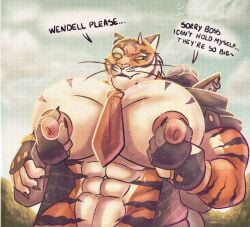 1boy 2boys anthro bara bara_tiddies bara_tits big_pecs busty furry furryonline1 huge_pecs male male_only nipple_play nipple_tweak nth6969 pec_play pinching_nipples solo_focus tie tie_between_pecs tiger