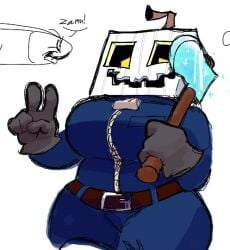 1girls 2025 big_breasts breasts cassie_rose_(mcsm) diamond_axe english_text female female_only glowing_eyes looking_at_viewer mask masked masked_female minecraft minecraft:_story_mode peace_sign pumpkin riapanpan riaplusone text the_white_pumpkin thick_thighs thighs twitter
