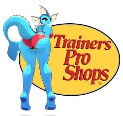 anthro arzy_parzy bass_pro_shops blue_body blue_eyes eeveelution female generation_1_pokemon hi_res humanoid looking_back nintendo parody pokemon pokemon_(species) solo solo_focus solo_in_panel tail tiptoes vaporeon
