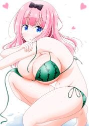 bikini black_bow blue_eyes bow breasts female food_print fruit_print fujiwara_chika heart imai_kazunari kaguya-sama_wa_kokurasetai_~tensai-tachi_no_renai_zunousen~ large_breasts long_hair looking_at_viewer pink_hair swimsuit watermelon_print