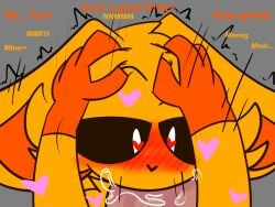 blowjob catfeine_(eggritos) chaoticdream critters_(poppy_playtime) dogday_(poppy_playtime) english_text female frowning_critters furry furry_only heart heart-shaped_pupils male no_humans poppy_playtime smiling_critters tagme text
