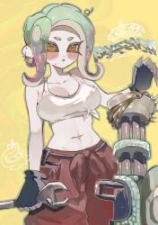 1girls black_gloves breasts cleavage female gloves mechanic_(splatoon_raiders) navel nintendo octoling octoling_girl orange_pants pants shirt_tied_up short_hair smchan_hll solo solo_female solo_focus splatoon splatoon_raiders tank_top tentacle_hair weapon white_tank_top wrench yellow_background