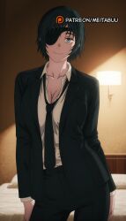 arms_at_sides bed bedroom black_hair black_jacket black_necktie black_pants black_suit blue_eyes breasts business_suit chainsaw_man cleavage closed_mouth collarbone collared_shirt contrapposto cowboy_shot dress_shirt eyepatch female formal green_eyes himeno_(chainsaw_man) indoors jacket lamp large_breasts long_sleeves looking_at_viewer loose_necktie meitabuu necktie on_bed one_eye_covered open_clothes open_collar open_jacket pant_suithimeno_(chainsaw_man) pants partially_unbuttoned pillow shirt shirt_tucked_in short_hair smile solo standing suit suit_jacket white_shirt