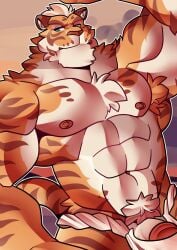 anthro asian_clothing clothing east_asian_clothing felid fundoshi hi_res japanese_clothing lin_hu male mammal nekojishi pantherine solo studio_klondike tehbluebubble tiger underwear