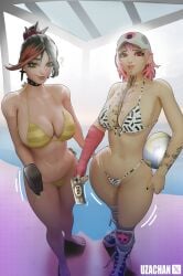 2girls 3d bare_shoulders barefoot big_breasts big_breasts big_breasts bikini bikini_bottom bikini_top boots breasts breasts breasts choker cleavage curvy dusty_(fortnite) earrings epic_games female female_only fortnite fortnite:_battle_royale green_eyes hat helsie_(fortnite) holding_object looking_at_viewer multicolored_hair painted_nails painted_toenails piercing piercings pink_hair ponytail red_eyes septum_piercing shaved_crotch short_hair smile standing swimwear tagme tattoo tattoos two_piece_swimsuit uzachan