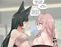 2girls animal_ear_fluff animal_ears artist_name black_hair blunt_bangs blurry blurry_background commentary english_commentary english_text female fox_ears fox_girl futa_with_female futanari glasses highres hoshimi_miyabi long_hair looking_at_another multiple_girls navel paizuri parted_lips penis pink_hair profile red_eyes sarashi soukaku_(zenless_zone_zero) the_freakin_yui topless_female tsukishiro_yanagi zenless_zone_zero