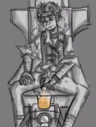 black_and_white body_fluids body_hair borderlands borderlands_2 borderlands_the_presequel chair claptrap crying cups handsome_jack heterochromia male male_only mask peeing pissing_in_glass pissing_on_another robot skinny solo_male urine