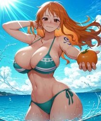 1girls ai_generated bikini green_bikini large_breasts nami_(one_piece) one-piece orange_hair solo