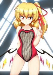 arm_behind_back ass_visible_through_thighs bare_arms blonde_hair breasts c: casual_one-piece_swimsuit collarbone cowboy_shot crystal eyebrows_visible_through_hair female fishnet_swimsuit fishnets flandre_scarlet hair_ribbon hand_up highres indoors kagayama_hajime long_hair looking_at_viewer navel one-piece_swimsuit one_side_up red_eyes revealing_clothes ribbon small_breasts smile solo standing stomach swimsuit touhou wings