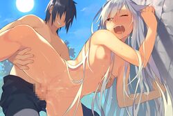 1boy ;o against_wall black_hair blue_sky blush breasts censored clothed_male_nude_female day eyebrows_visible_through_hair female from_below grin hair_between_eyes katou_itsuwa leg_lift long_hair mosaic_censoring navel nipples nude one_eye_closed open_mouth orange_eyes outdoors patel_(sennen_sensou_aigis) saliva sennen_sensou_aigis sex silver_hair sky small_breasts smile straight sweat tears thigh_grab torso_grab vaginal_penetration very_long_hair