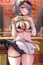 1girls absurdres anby_demara apron areola_slip bikini bikini_top_only black_bikini black_choker black_skirt breasts burger choker clothes_lift commentary cowboy_shot english_commentary enma_(enmanuelart) enmanuelart20 female food food_on_body food_on_breasts green_shirt grey_hair highres indoors large_breasts maid_apron miniskirt navel official_alternate_costume orange_eyes patreon_username shirt shirt_lift short_hair skirt smile solo stomach swimsuit thigh_strap thighs visor_cap white_apron zenless_zone_zero