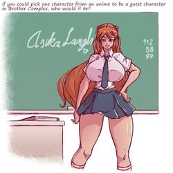 1girls alternate_breast_size asuka_langley_sohryu big_ass big_breasts blackboard blue_eyes breasts brother_complex chalkboard classroom clothes clothing color crossover curvy eyebrows_visible_through_hair female female_only hand_on_hip huge_breasts large_breasts long_hair looking_at_viewer n647 neon_genesis_evangelion red_hair school_uniform skirt smile smiling solo thick_thighs thin_waist voluptuous wide_hips