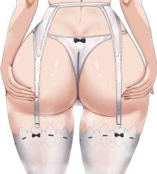 ass ass_focus cameltoe deep_skin female garter_belt garter_straps hands_on_own_ass head_out_of_frame highres panties re:zero_kara_hajimeru_isekai_seikatsu rem_(re:zero) simple_background solo sweat thick_thighs thighhighs thighs thong tyrzul underwear white_background white_panties white_thighhighs