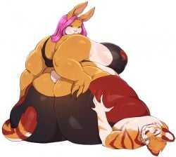 1boy 1girls anthro ass axton_(ns22) belly blue_eyes breasts bunny fat feline feline_humanoid female female_focus furry hand_on_ass hips jiggly_(kazecat) lagomorph lagomorph_humanoid large_ass large_breasts male orange_fur orange_hair overweight overweight_female petroverr pink_hair rabbit sideboob sitting sitting_on_person sports_bra stomach thick_thighs thighs tiger wide_hips