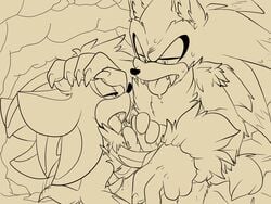 cum cum_in_mouth gay hand_on_head male_only monochrome oral penis shadow_the_hedgehog skyeprower skyevixensartwork sonic_(series) sonic_the_werehog testicles werehog