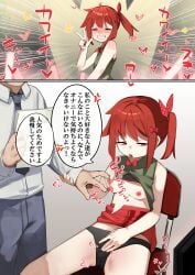absurdres anger_vein angry assisted_masturbation black_panties blush bow bowtie breasts clitoral_stimulation female female_masturbation glowstick grabbing_another's_arm grabbing_another's_hand hair_tie highres holding holding_paper idol masturbation masturbation_through_clothes nipple_stimulation nipples no_bra original panties paper penlight_(glowstick) red_bow red_bowtie red_eyes red_hair shirt short_hair sitting sleeveless sleeveless_shirt small_breasts smile spoken_anger_vein sweat sweatdrop titi_titi translated underwear v