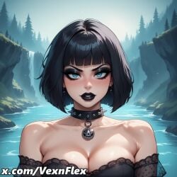 ai_generated bangs bare_shoulders black_hair black_lips blue_eyes blunt_bangs blush bob_cut breasts cleavage collar collarbone earrings eyeliner eyeshadow female forest goth goth_girl gothic hi_res high_resolution jewelry lace lace_trim large_breasts lily_(vexnflex) lipstick looking_at_viewer makeup mascara mole mole_on_breast mole_under_eye mountain nature outdoors pentagram short_hair solo spiked_collar spikes strapless upper_body vexnflex water watermark