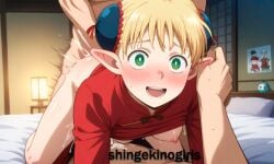 ai_generated anime blonde_hair cosplay delicious_in_dungeon dungeon_meshi elf elf_ears elf_female elf_girl gintama green_eyes kagura_(gintama) marcille_donato sex sex_from_behind shingekinogirls